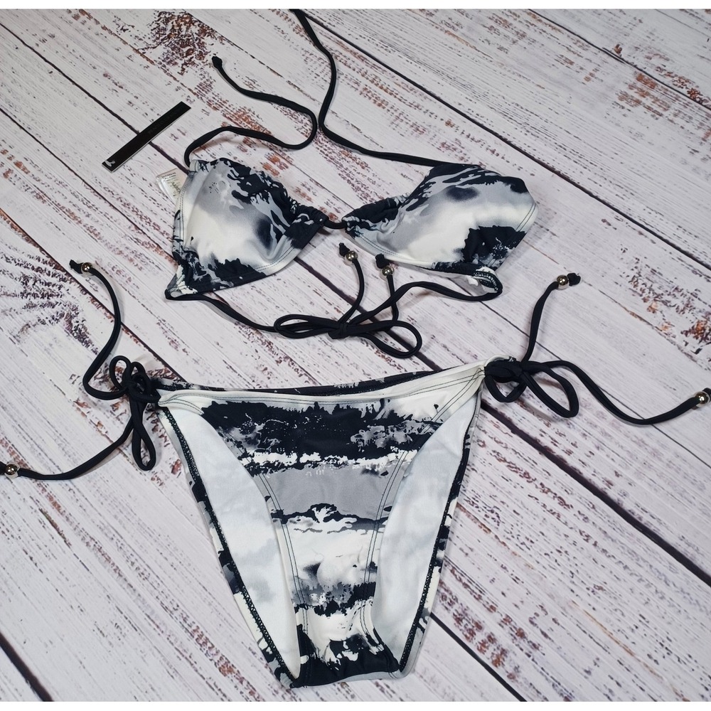 Beach Club Society Bikini‎ Set Womens XS Black White NWT Abstract Side Tie